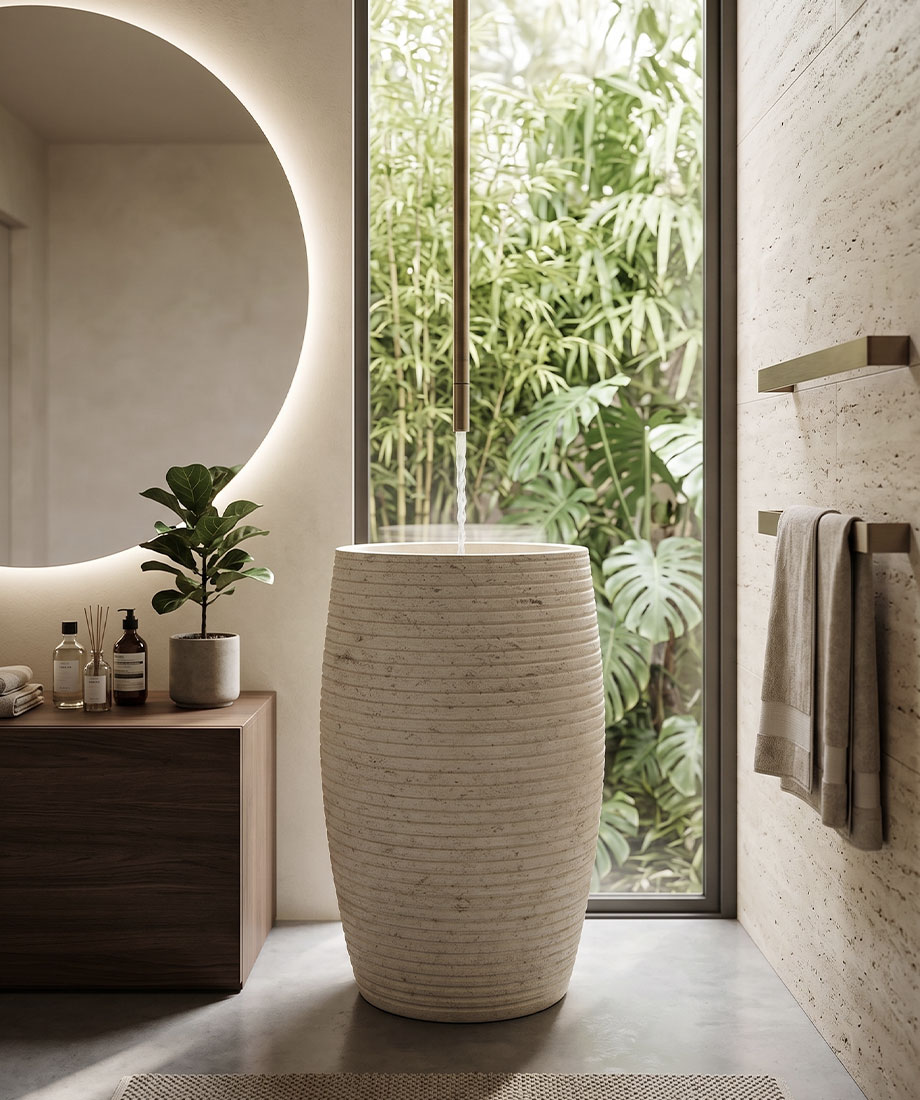 Ribbed Travertine Pedestal Basin