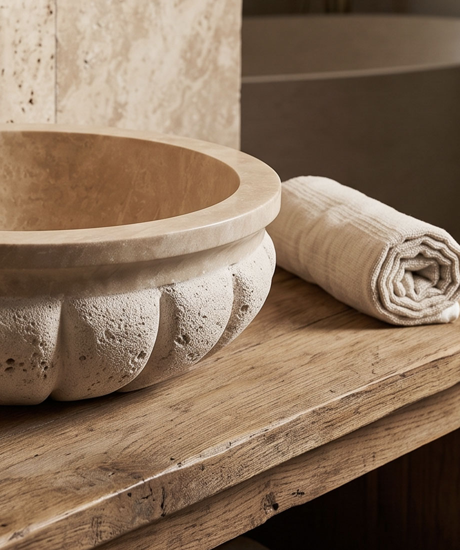 Scalloped Travertine Wash Basin - Görsel 2